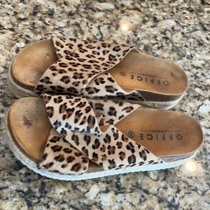Office London faux leopard print on real fur with twine platform sliders